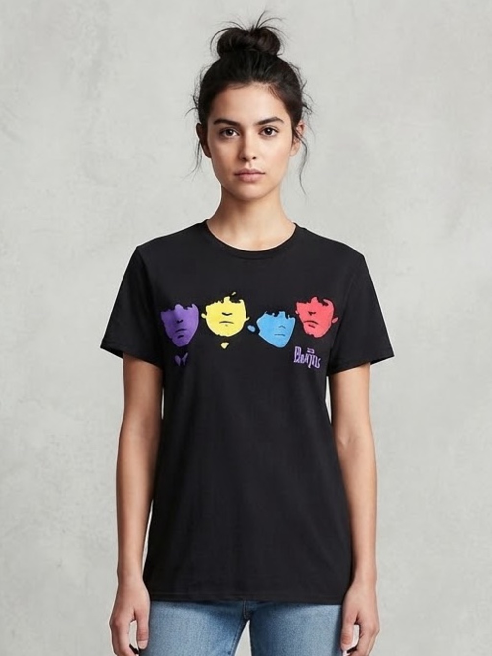 THE BEATLES Band Faces Graphic T-Shirt S 17” p2p Black NWOT